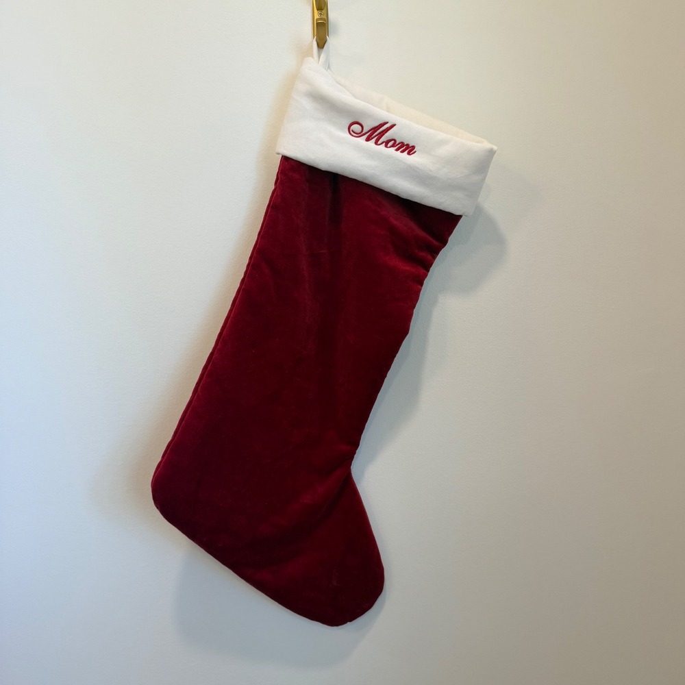 Pottery Barn Red Velvet Christmas Stocking XL Mom Embroidered White Cuff 22 In